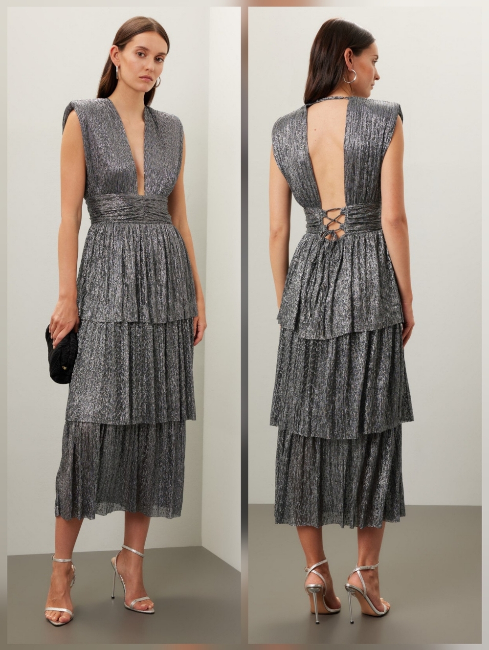 Sabina Musayev Silver Metallic Tiered Plunge Midi Dress